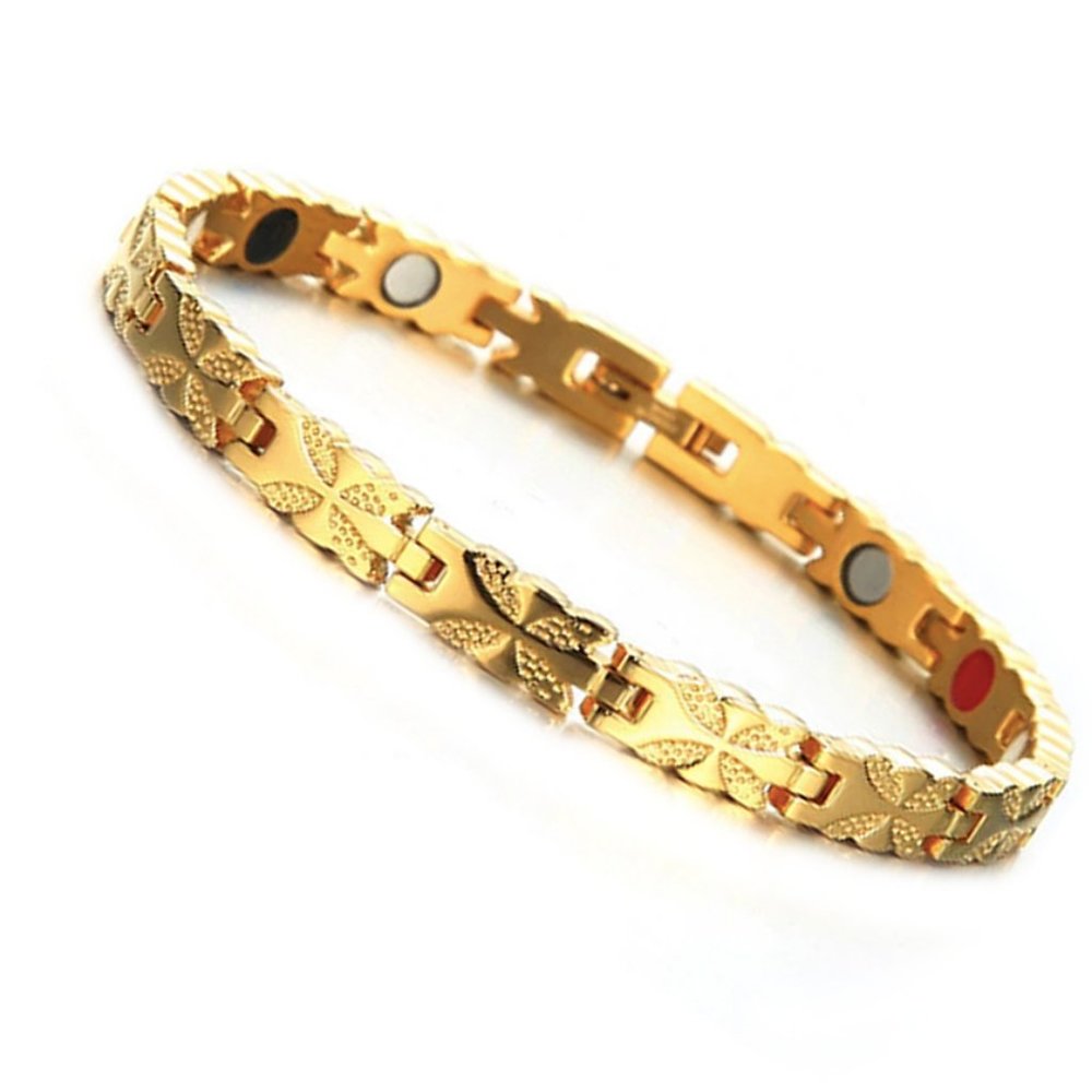 8" inch Magnetic Stainless Steel Bracelet For Women. Gold Tone Flower Design.